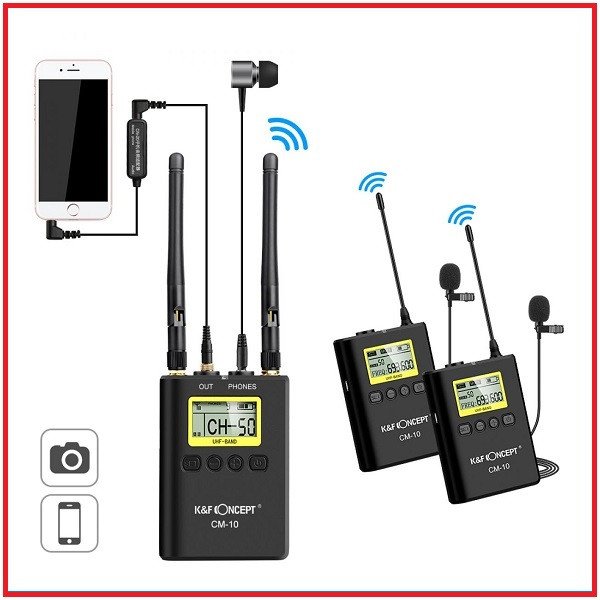 K&F Concept KF10.012 CM10 Camera-Mount Dual UHF Wireless Professional Lavalier Microphone System for Cameras and Smartphone